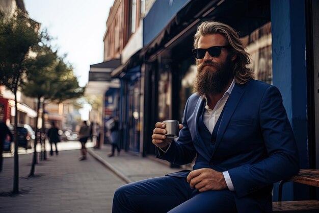 Businessman with huge beard fashionable blue suit and a cup of coffee on the street