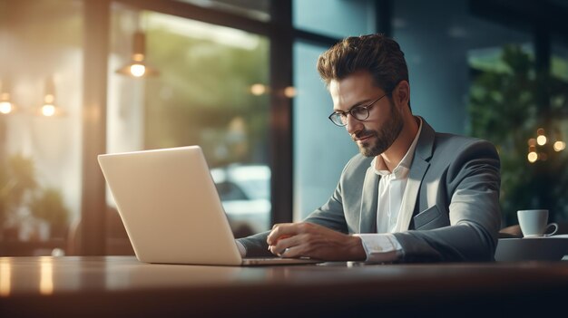 Foto un uomo d'affari con un computer portatile ai generativo