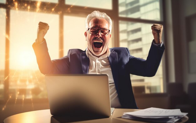 Foto un uomo d'affari con un laptop in ufficio.