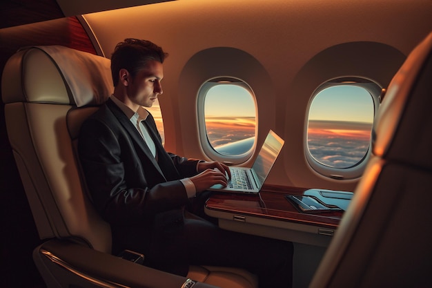 Businessman with laptop sitting inside an airplane at sunset