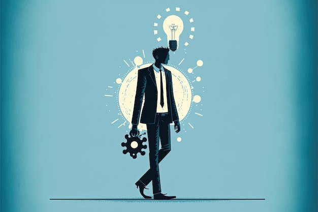 Businessman with light bulb and gears, ideas concept, blue background. AI digital illustration