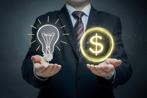 Photo businessman with lightbulb and glowing dollar sign symbolizing lucrative ideas and financial succes