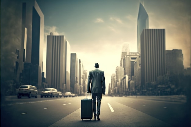 Businessman with malt in hand walking through a business city in the middle of the street