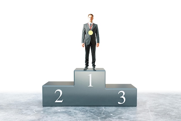 Businessman with medal on first place pedestal 3D Rendering
