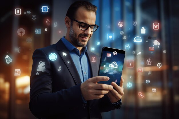 businessman with mobile phone and media icons on the screen in office A businessman on a blurred background using a 3D rendering mobile phone with social media icons AI Generated