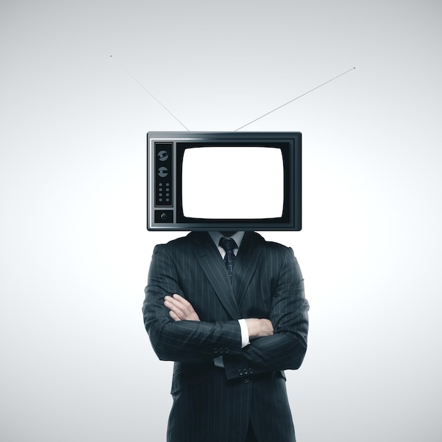 Photo businessman with old tv instead