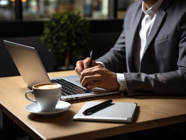 Бизнесмен с карандашом в руке работает на клавиатуре ноутбука в современном офисе