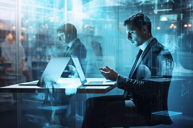 Photo businessman with phone and laptop near a laptop screen stock photo