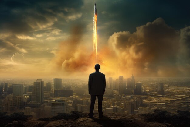 Businessman with rocket taking off as concept of business startup Picturesque