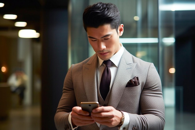 A businessman with a serious expression using a smartphone