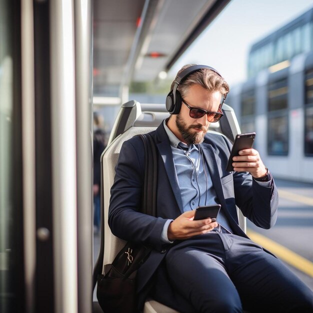 businessman with smartphone and headphones waiting at the bus stop