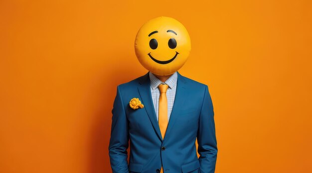 businessman with a smiley face and blue suit on an orange background