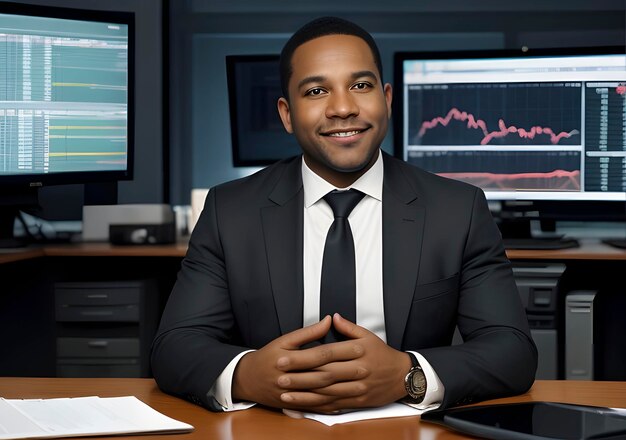 Businessman with stock exchange stock charts in background Generative AI