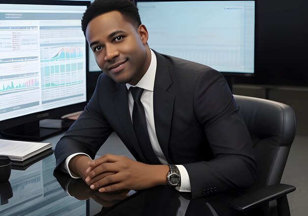 Businessman with stock exchange stock charts in background generative ai