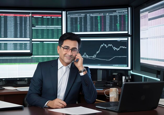 Photo businessman with stock exchange stock charts in background generative ai