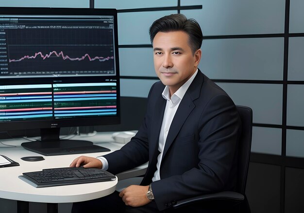 Photo businessman with stock exchange stock charts in background generative ai