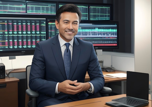 Businessman with stock exchange stock charts in background Generative AI