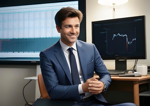 Photo businessman with stock exchange stock charts in background generative ai