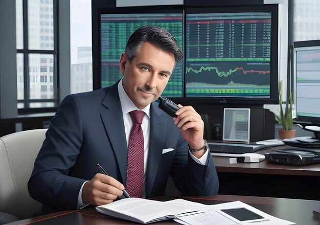 Businessman with stock exchange stock charts in background Generative AI