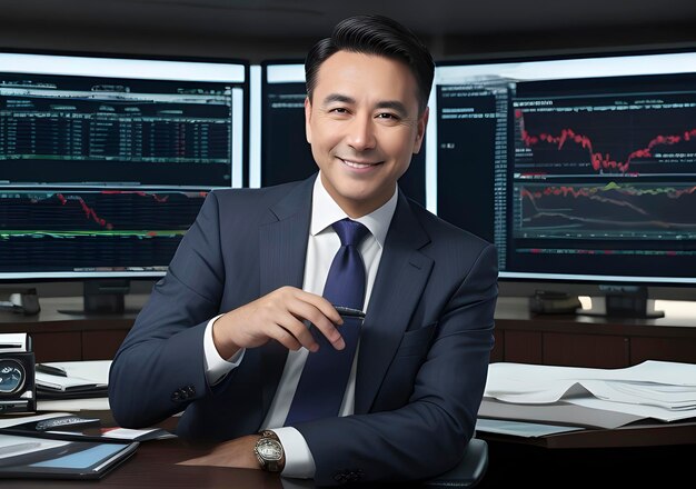 Businessman with stock exchange stock charts in background Generative AI