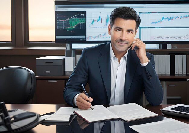 Businessman with stock exchange stock charts in background Generative AI