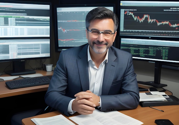 Businessman with stock exchange stock charts in background generative ai