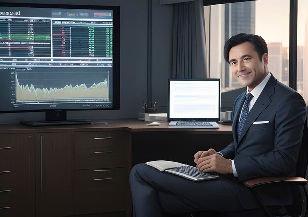 Businessman with stock exchange stock charts in background Generative AI