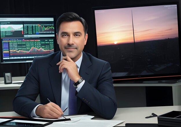 Businessman with stock exchange stock charts in background Generative AI