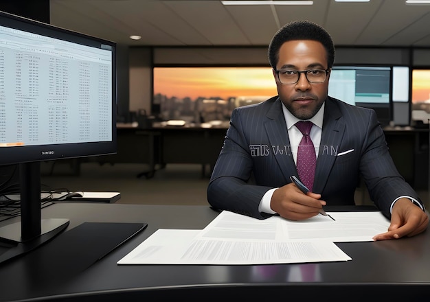 Businessman with stock exchange stock charts in background Generative AI