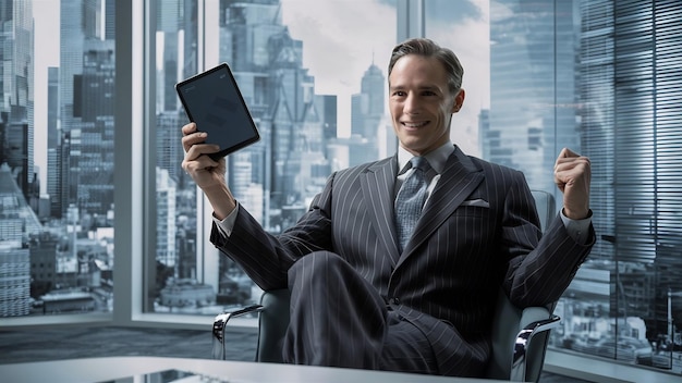 Businessman with tablet after closing a deal