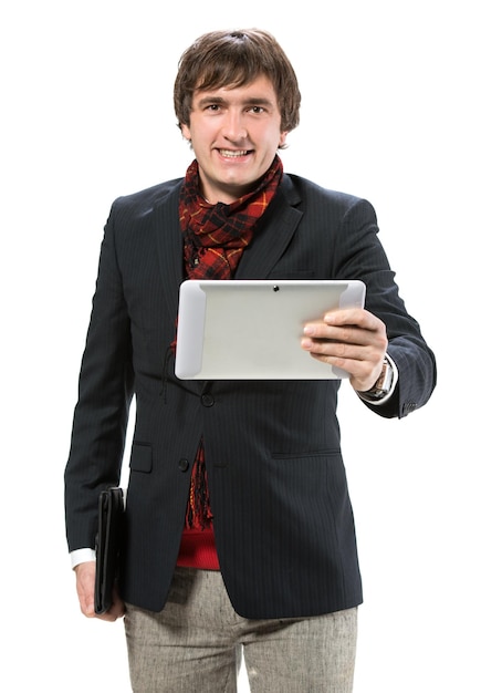 Businessman with tablet pc on a white background