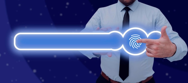 Businessman With A Tablet And Pointing On A Glowing Fingerprint With A Graphic Design Man In A Necktie Presenting Secured Network And Global Connection