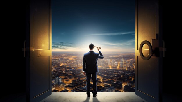 Photo businessman with telescope standing in bright keyhole