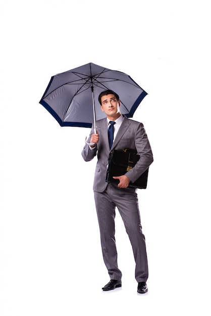 Businessman with umbrella isolated on white 