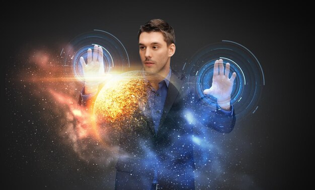 Photo businessman with virtual planet and space hologram