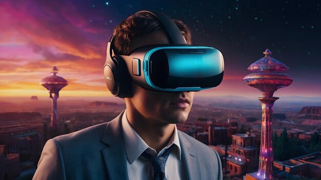 Businessman with VR business person with virtual reality businessman wearing VR headset business