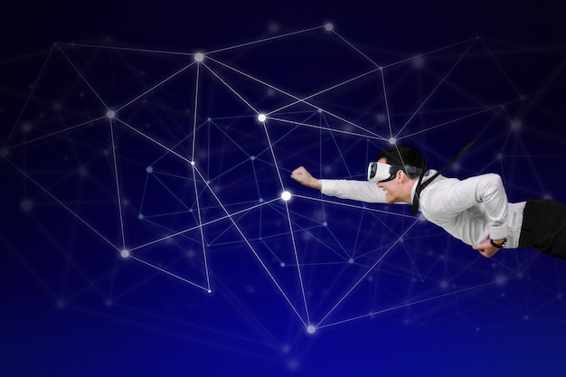 Businessman with VR glasses surfing the Internet space