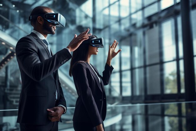 Photo businessman an woman in high tech enterprise using vr glasses