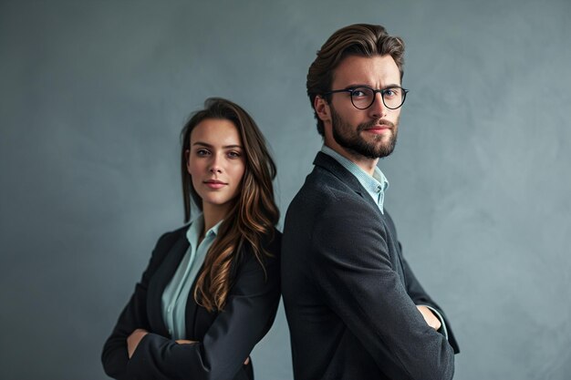 Businessman and woman posing in front of gray background