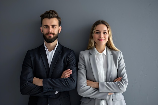 Businessman and woman posing in front of gray background