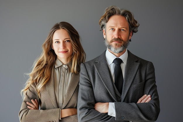 Businessman and woman posing in front of gray background