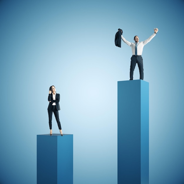 Businessman and woman standing on competition pedestals on blue background Leadership and success concept