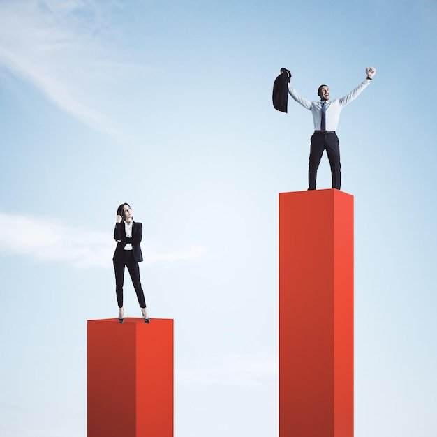 businessman and woman standing on competition pedestals on sky with clouds background leadership and success concept