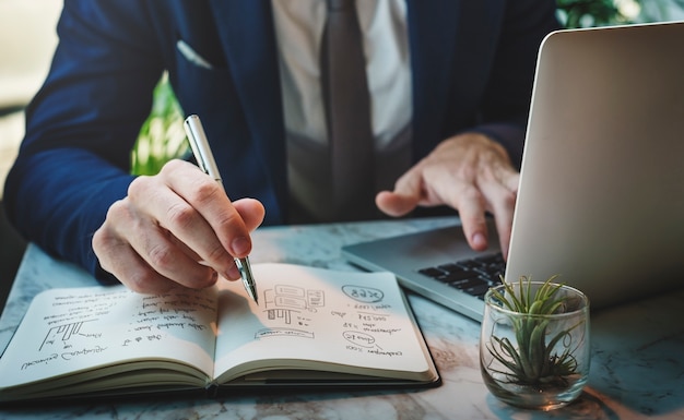 A businessman working over a cup of coffee