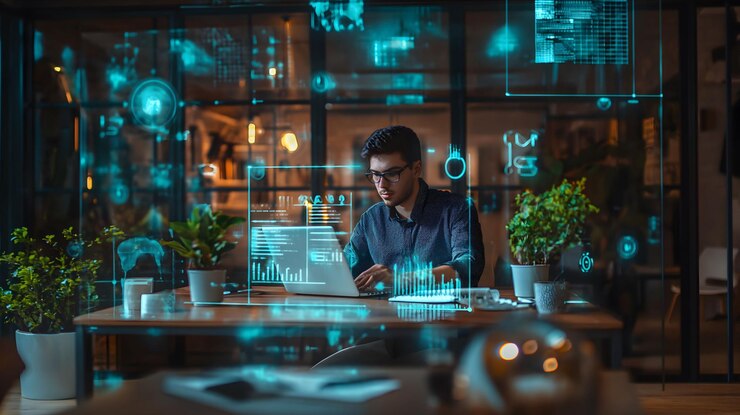 Businessman working at his desk in an office engaged with his laptop and surrounded technology