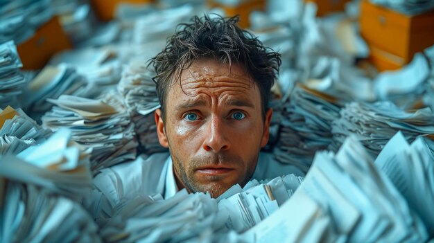 Businessman working at his desk in the office He is surrounded by piles of paper