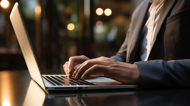 Businessman working on laptop in cafe closeup