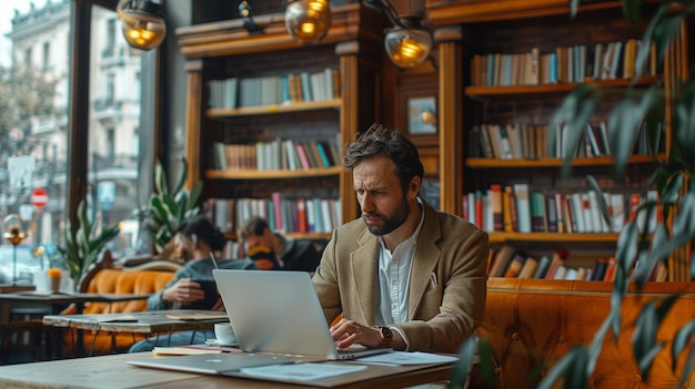Бизнесмен, работающий на ноутбуке в кафе, анализ цифрового маркетинга, случайная, но профессиональная обстановка, ИИ, генеративная
