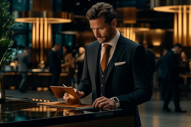 A businessman working on a laptop in a cafe