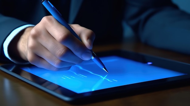 Photo businessman working on laptop computer browsing internet and taking notes on paper notebook at home office generative ai